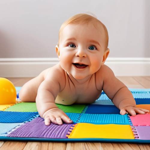 Home 11 **A baby happily doing tummy time on a colorful EVA foam play mat with textured patterns. The mat is clean and inviting, with various engaging shapes and colors. In the background, there are baby toys and a bright, cheerful nursery setting.** (Focuses on sensory engagement and safe play)