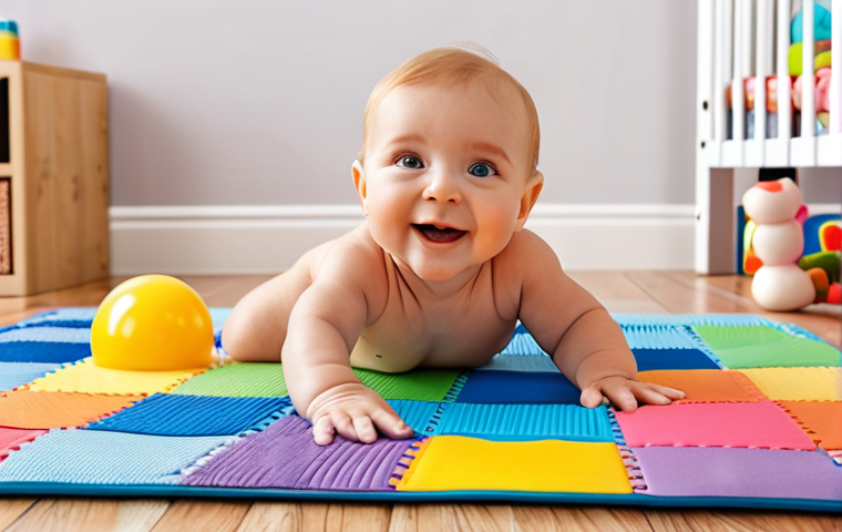 **A baby happily doing tummy time on a colorful EVA foam play mat with textured patterns. The mat is clean and inviting, with various engaging shapes and colors. In the background, there are baby toys and a bright, cheerful nursery setting.** (Focuses on sensory engagement and safe play)