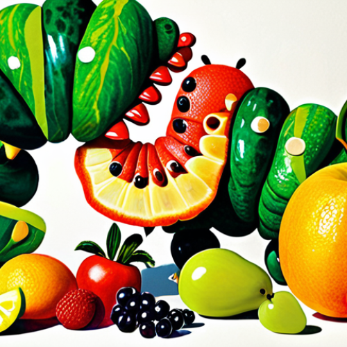 Home 6 **A vibrant and colorful illustration of "The Very Hungry Caterpillar" eating through a pile of various fruits and foods, showcasing the different stages of his transformation.** The style should be reminiscent of Eric Carle's collage artwork, emphasizing bright colors and simple shapes suitable for young children.