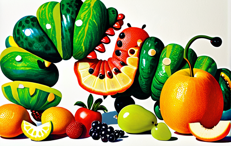 **A vibrant and colorful illustration of "The Very Hungry Caterpillar" eating through a pile of various fruits and foods, showcasing the different stages of his transformation.** The style should be reminiscent of Eric Carle's collage artwork, emphasizing bright colors and simple shapes suitable for young children.