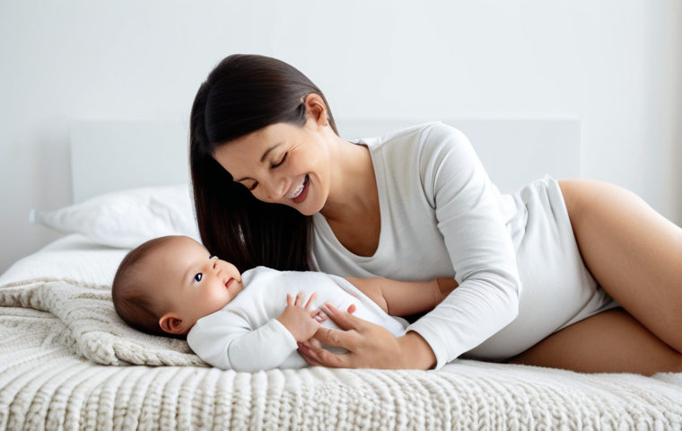**
A mother gently massaging her baby's tummy in a clockwise motion. The baby is lying comfortably on a soft blanket, fully clothed in a onesie. The room is brightly lit with natural light, creating a calm and soothing atmosphere. The mother is smiling reassuringly. Safe for work, appropriate content, fully clothed, modest, family-friendly scene. Perfect anatomy, correct proportions, natural pose, well-formed hands, proper finger count, natural body proportions, professional photography, high quality.
**