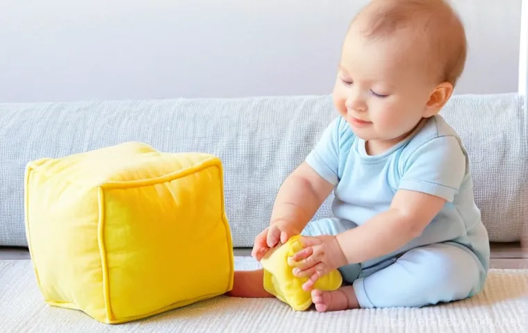 아기와 놀이교구 DIY - **Prompt 1: Joyful Discovery with a Handmade Toy**
    "A heartwarming, softly lit close-up of a hap...