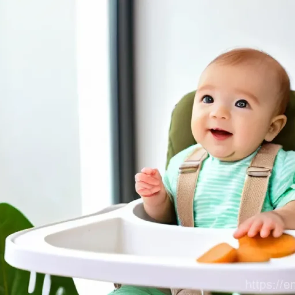 아기와 스스로 먹기 - **Prompt:** A heartwarming scene of a 6-month-old baby, with bright, curious eyes, sitting upright a...