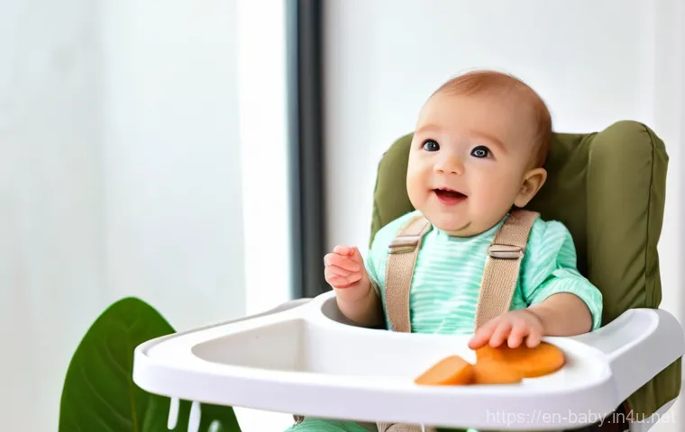 아기와 스스로 먹기 - **Prompt:** A heartwarming scene of a 6-month-old baby, with bright, curious eyes, sitting upright a...