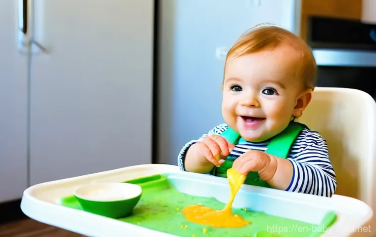 아기와 스스로 먹기 - **Prompt:** A heartwarming scene of a 6-month-old baby, with bright, curious eyes, sitting upright a...