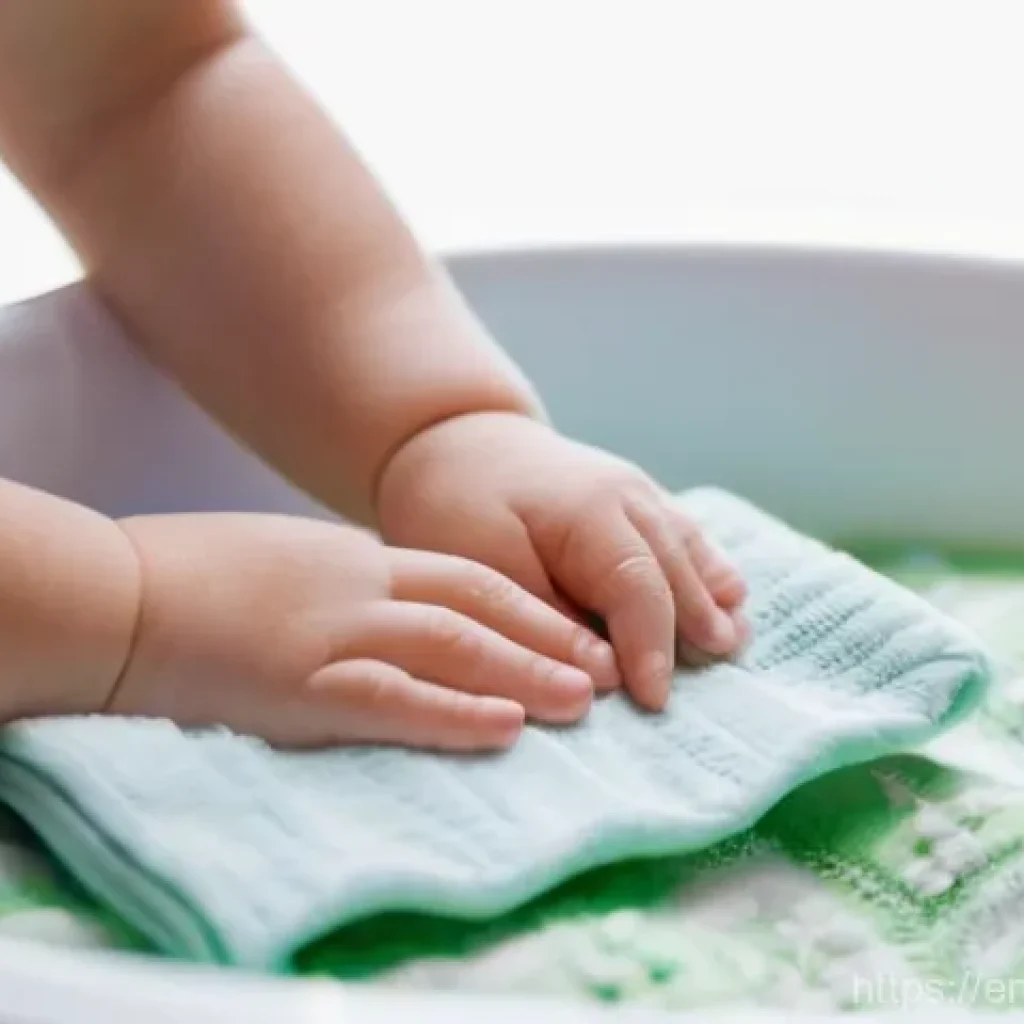 아기 이불 빨래 관리법 - **Prompt:** A close-up, warm and inviting shot of a parent's gentle hands carefully examining the sm...