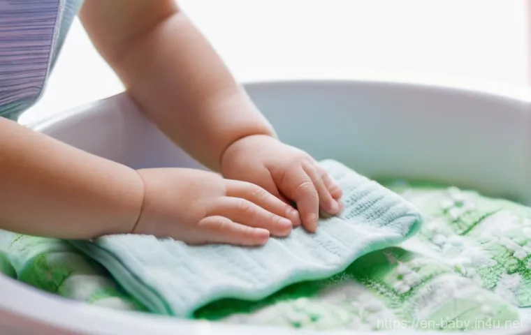 아기 이불 빨래 관리법 - **Prompt:** A close-up, warm and inviting shot of a parent's gentle hands carefully examining the sm...