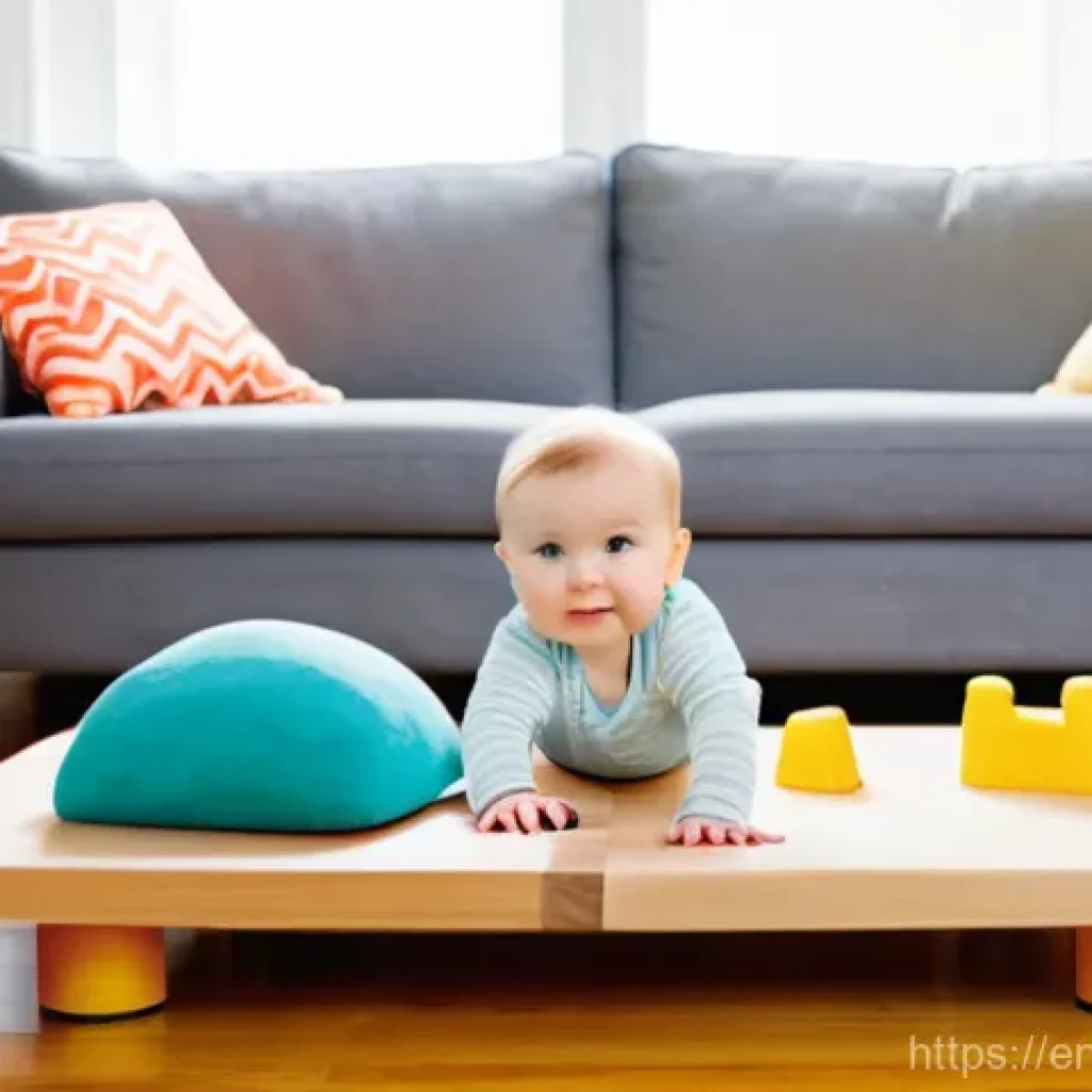 아기 첫걸음마 도와주는 방법 - **Prompt 1: A Baby's Encouraging Exploration Hub**
    A happy, curious baby, approximately 9-11 mon...