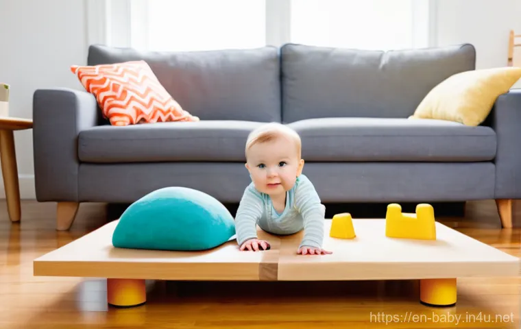 아기 첫걸음마 도와주는 방법 - **Prompt 1: A Baby's Encouraging Exploration Hub**
    A happy, curious baby, approximately 9-11 mon...