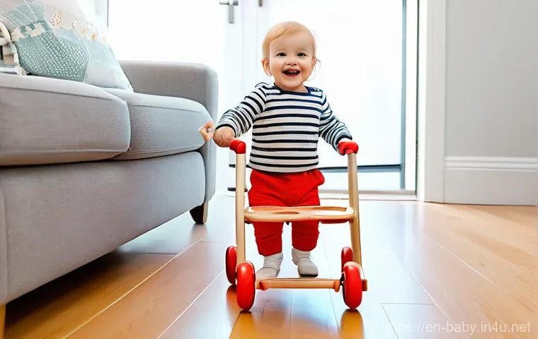 아기 첫걸음마 도와주는 방법 - **Prompt 1: A Baby's Encouraging Exploration Hub**
    A happy, curious baby, approximately 9-11 mon...