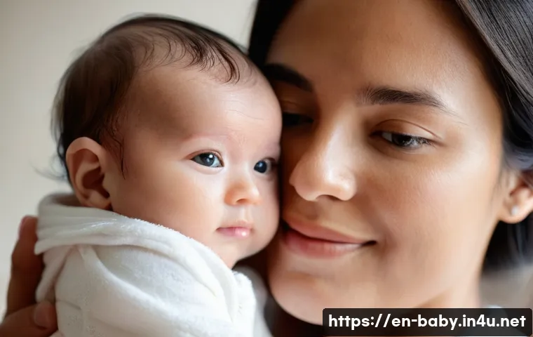 아기와 눈맞춤 대화법 - **"The Magic of First Gazes"**:
    A close-up, heartwarming portrait of a new parent (gender neutra...