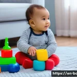 아기와 미디어 사용 시간 - A cozy, softly lit nursery scene featuring a curious baby wearing a clean diaper, sitting on a color...