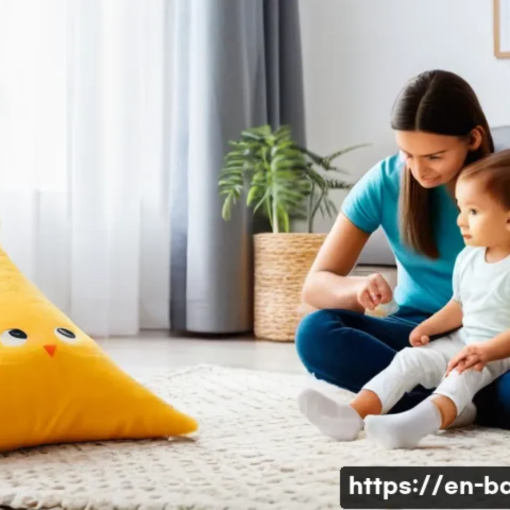 아기와 형제 갈등 해결 - A warm, cozy living room scene showing an older child, around 6 years old, sitting on a soft rug pla...