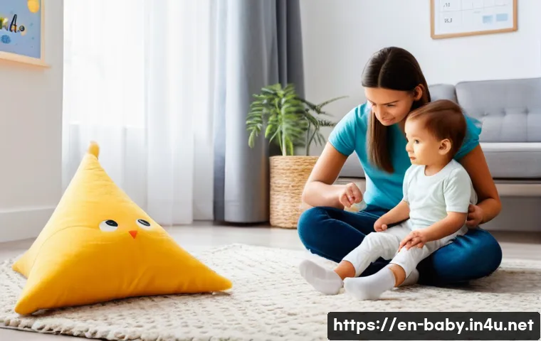 아기와 형제 갈등 해결 - A warm, cozy living room scene showing an older child, around 6 years old, sitting on a soft rug pla...