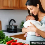 수유 중 먹으면 안 되는 음식 - A warm, cozy kitchen scene featuring a breastfeeding mother in casual, comfortable clothing with her...