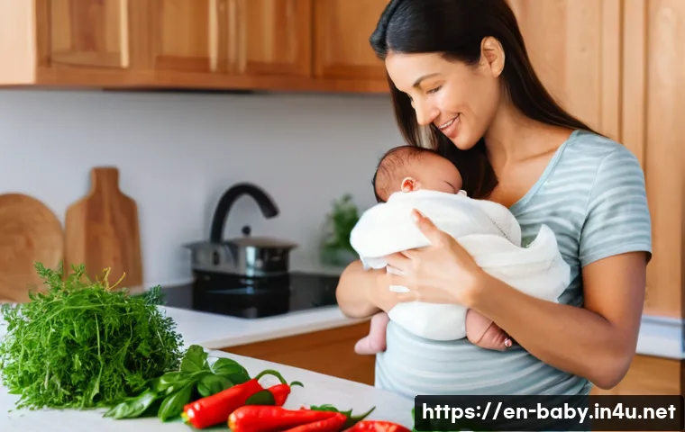 수유 중 먹으면 안 되는 음식 - A warm, cozy kitchen scene featuring a breastfeeding mother in casual, comfortable clothing with her...