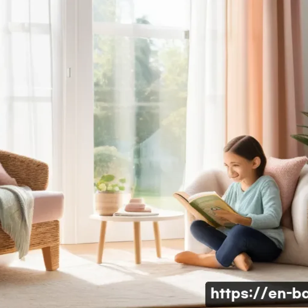 아이 기질에 따른 양육법 - A cozy, sunlit family living room scene showing a calm child sitting quietly on a plush armchair, we...