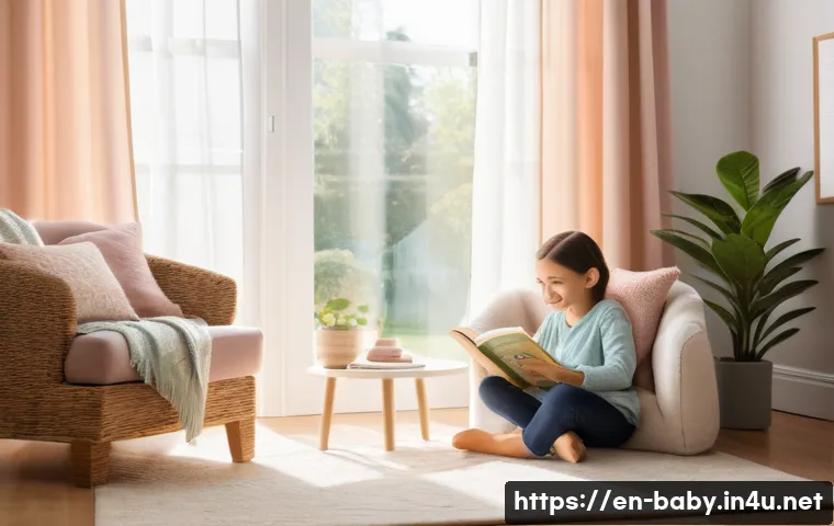 아이 기질에 따른 양육법 - A cozy, sunlit family living room scene showing a calm child sitting quietly on a plush armchair, we...