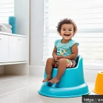 배변훈련 시작 시기 - A cheerful toddler sitting confidently on a child-sized potty chair in a bright, cozy bathroom. The ...