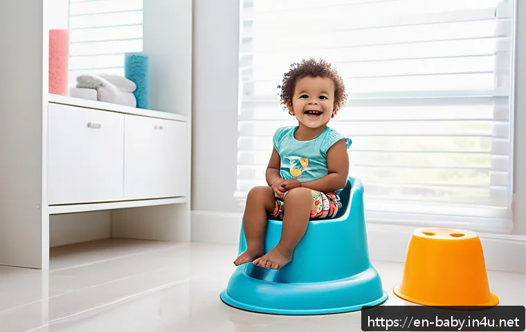 배변훈련 시작 시기 - A cheerful toddler sitting confidently on a child-sized potty chair in a bright, cozy bathroom. The ...