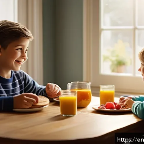 아빠 육아 참여 꿀팁 - A warm, cozy kitchen scene in the morning featuring a father and two young children sitting at a woo...