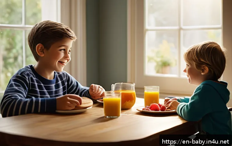 아빠 육아 참여 꿀팁 - A warm, cozy kitchen scene in the morning featuring a father and two young children sitting at a woo...