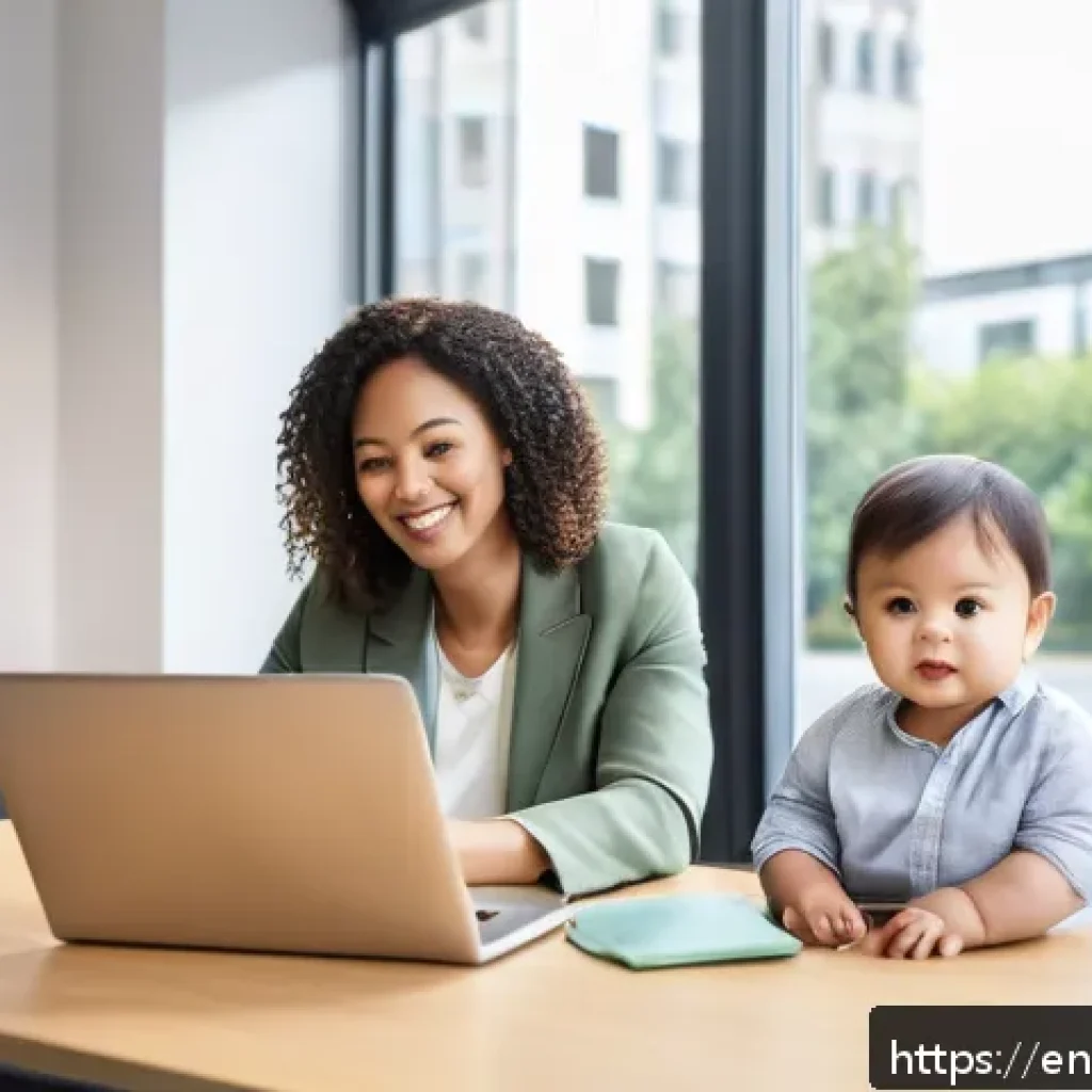 육아휴직 급여 계산법 - A modern corporate office scene showing a diverse family-friendly workplace environment: a confident...