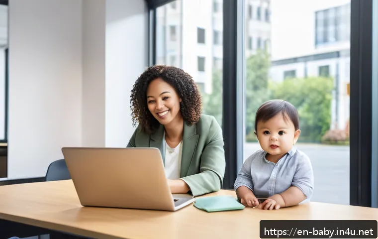 육아휴직 급여 계산법 - A modern corporate office scene showing a diverse family-friendly workplace environment: a confident...