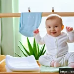 아기 전용 세탁세제 추천 - A cozy nursery scene featuring a smiling baby wearing a clean white diaper, sitting on a soft pastel...