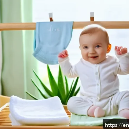 아기 전용 세탁세제 추천 - A cozy nursery scene featuring a smiling baby wearing a clean white diaper, sitting on a soft pastel...