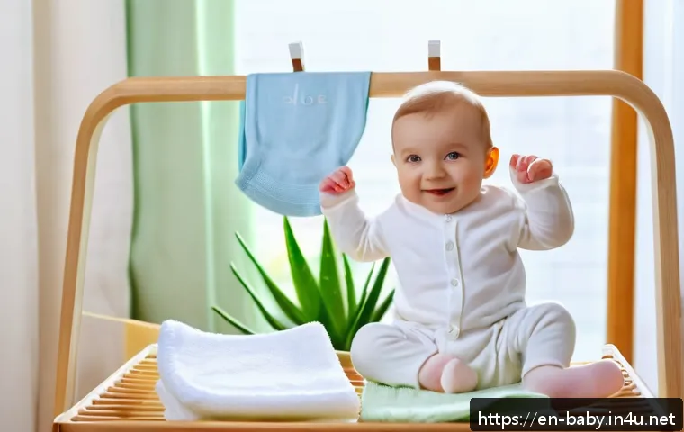 아기 전용 세탁세제 추천 - A cozy nursery scene featuring a smiling baby wearing a clean white diaper, sitting on a soft pastel...