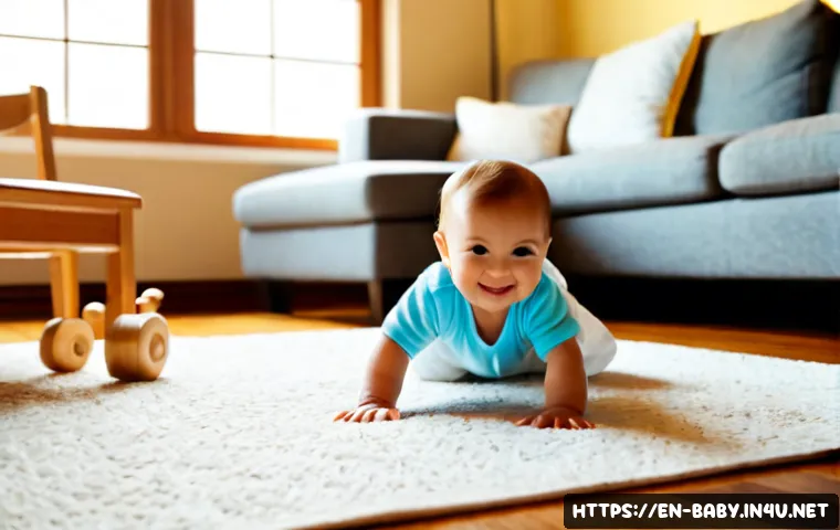 아기와 환경 적응 - Photorealistic lifestyle scene of a happy baby wearing a soft cotton onesie and diaper safely explor...
