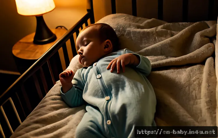 아기 수면 패턴 잡기 - Photorealistic cozy American nursery at early evening, a peacefully sleeping baby wearing a soft cot...