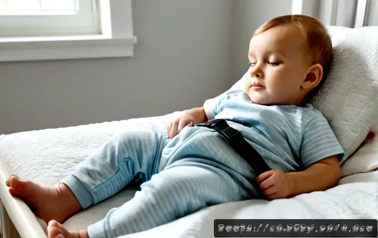 아기 흔들침대 안전성 - Photorealistic home nursery safety scene, a secure modern baby rocker with a calm infant wearing a f...