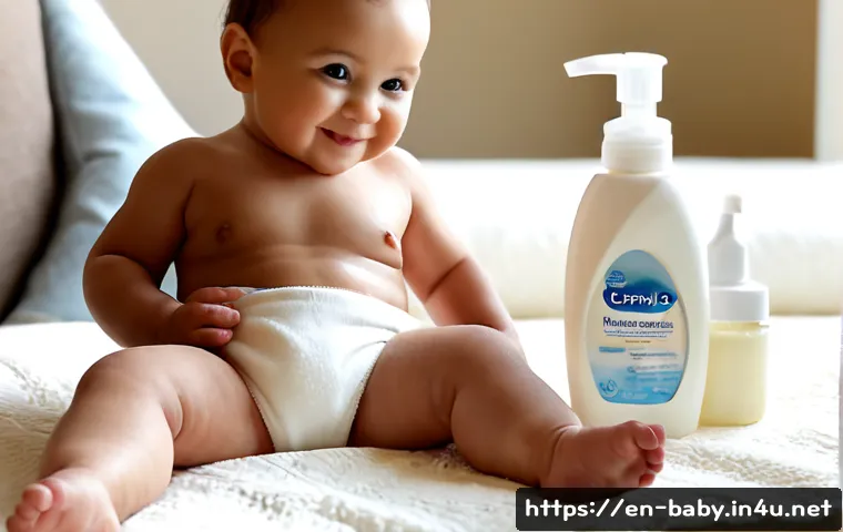 아기 피부 보습제 추천 - Photorealistic close-up of a smiling baby wearing a clean white diaper, seated safely on a soft crea...