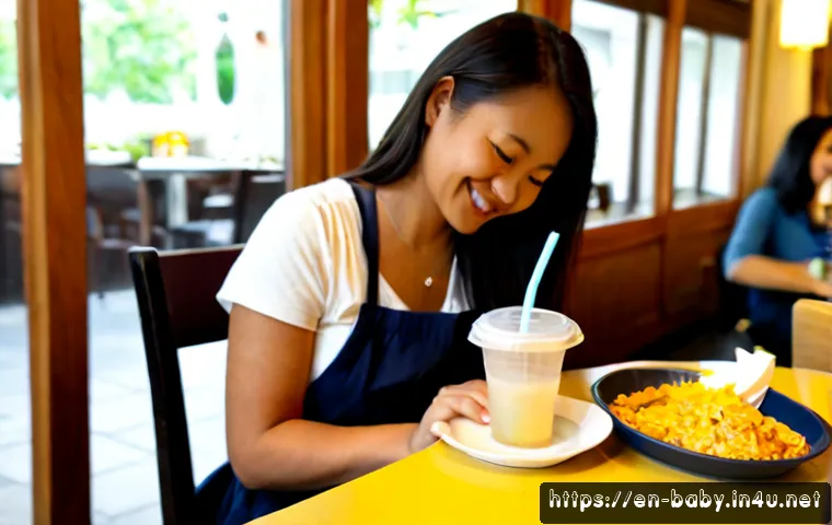 아기와 외식 꿀팁 - Photorealistic family-friendly restaurant scene, a relaxed parent seated at a clean table with a smi...